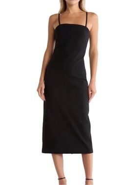 Linen Black Midi Dress Corset Lace Up Back with Spaghetti Straps